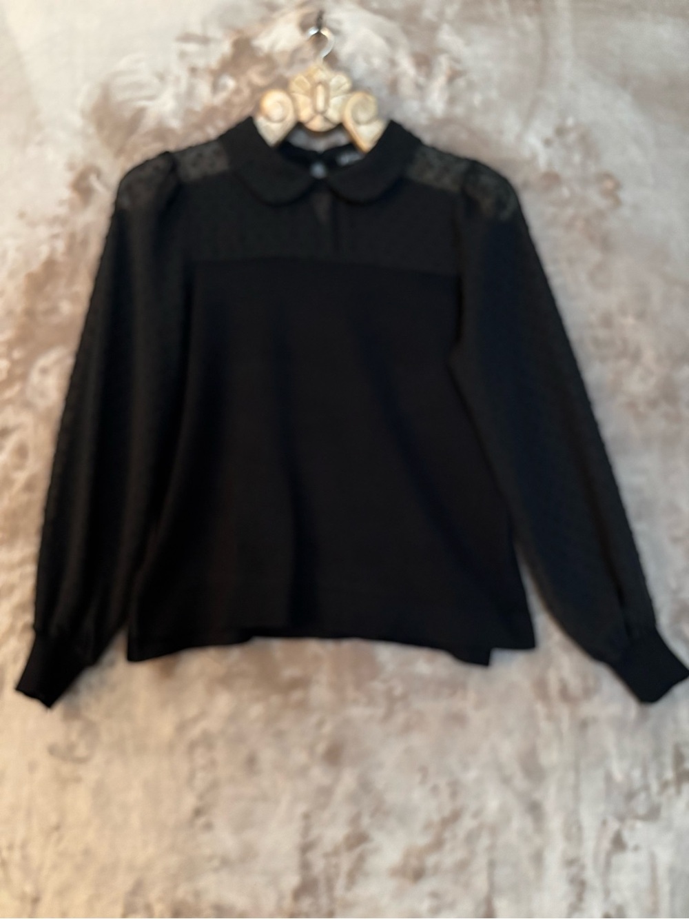 Adrianna Papell Black Peter Pan Collar Lace-Yoke Blouse Women’s Size S